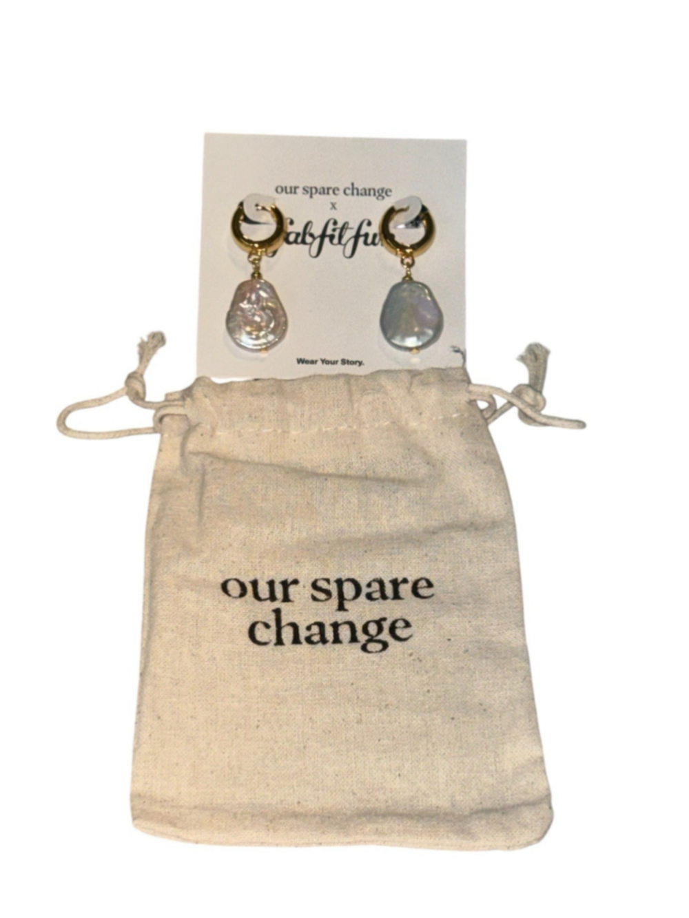 Our Spare Change x Gabbifish Pearl Drop Hoop Earrings Gold Tone NWT